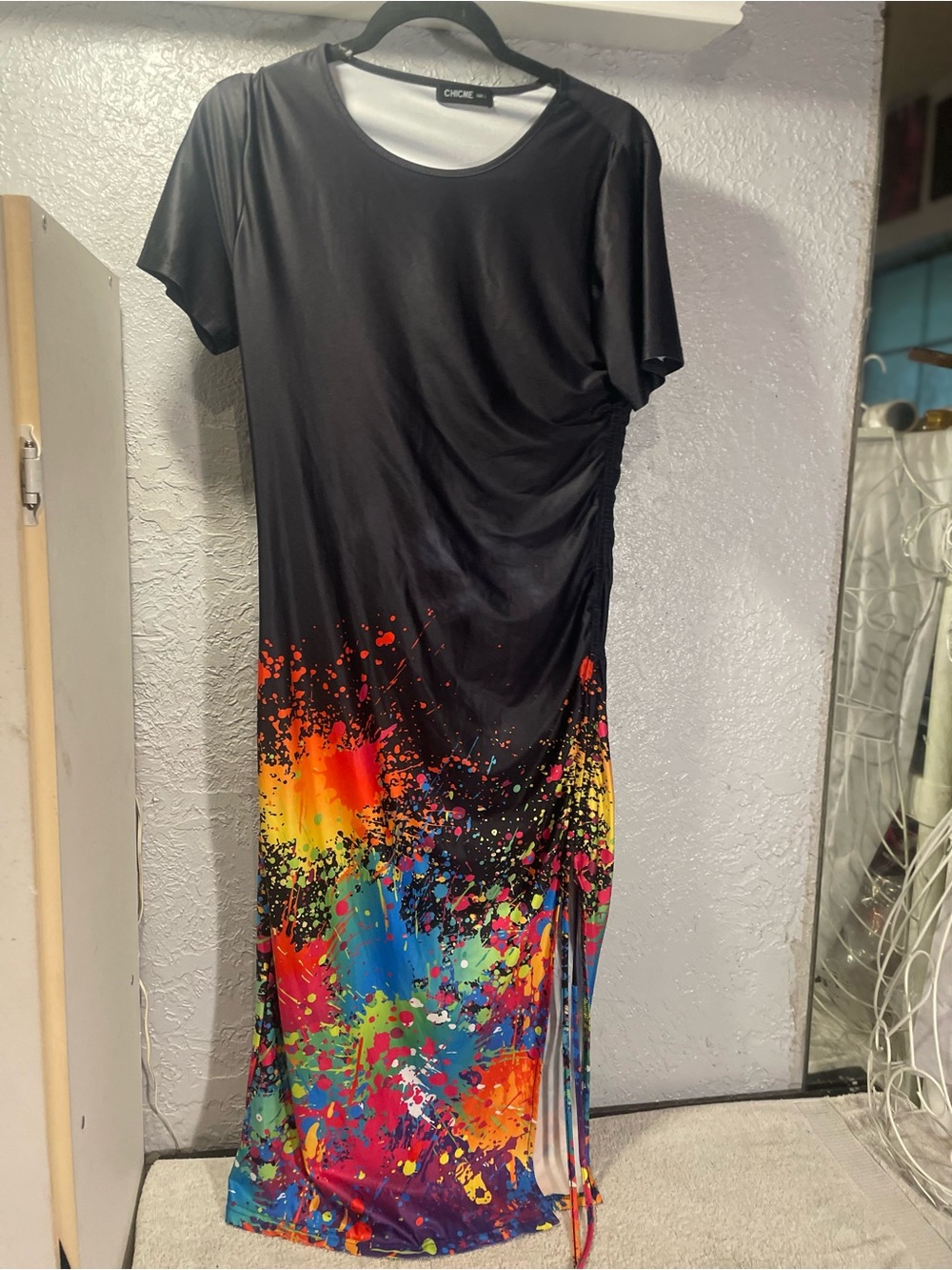 CHIC+ME Black Maxi Dress with Multicolor Paint-Splash Hem